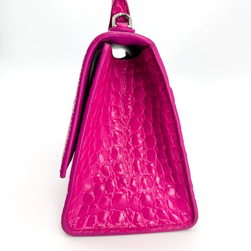 Balenciaga Hourglass XS Croc-Embossed Top Handle Bag Pink Silver Pink Leather Good - Model View