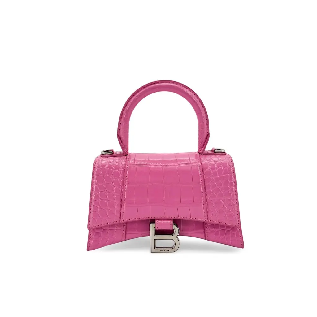Balenciaga Micro Hourglass Top Handle Bag Pink Crocodile Embossed
