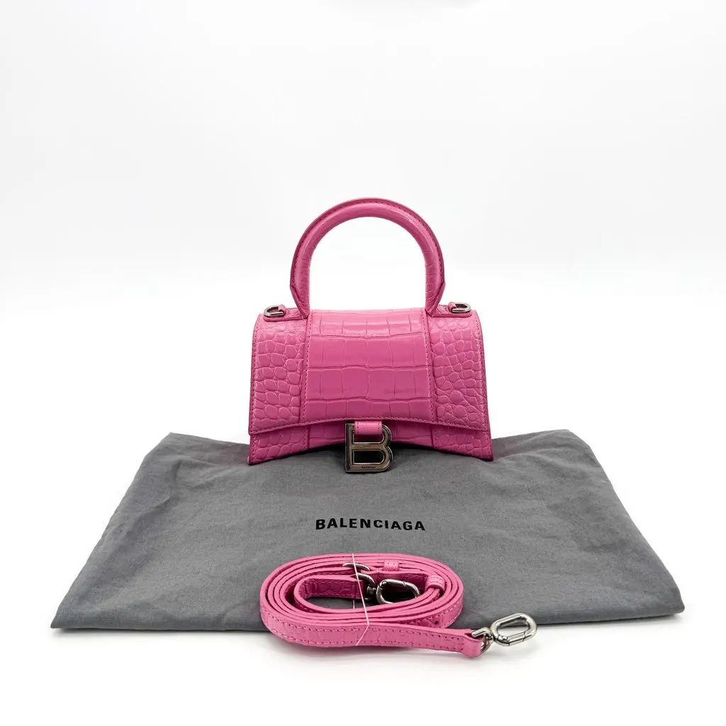 Balenciaga Micro Hourglass Top Handle Bag Pink Crocodile Embossed Pink Leather Good - Back View