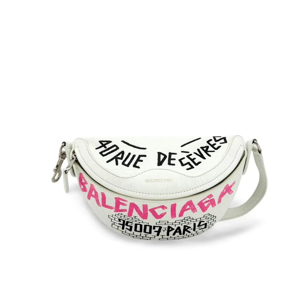 Balenciaga Souvenir Belt Bag Small White Black Leather Good - Front View