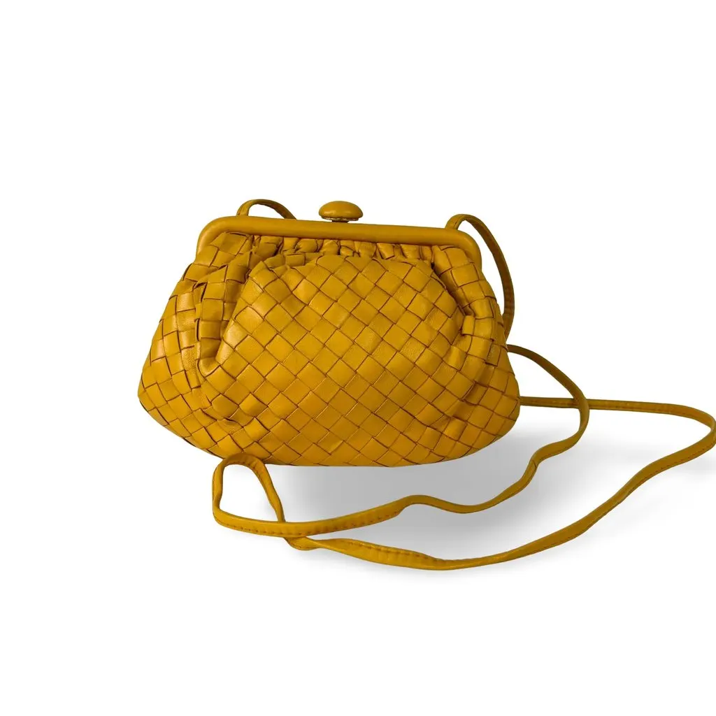 Bottega Veneta Vintage Intrecciato Weaving Bag Mustard Yellow Leather Good - Front View