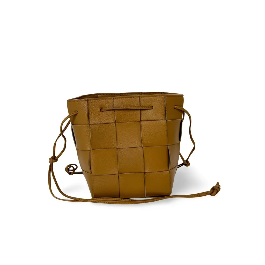 Bottega Veneta Small Cassette Bucket Bag Camel Brown Leather Good - Front View