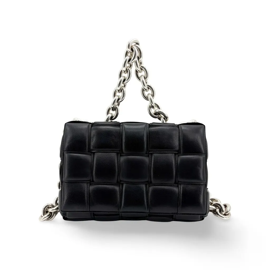 Bottega Veneta Padded Cassette Chain Shoulder Bag Black Silver Black Leather Very good - Front View