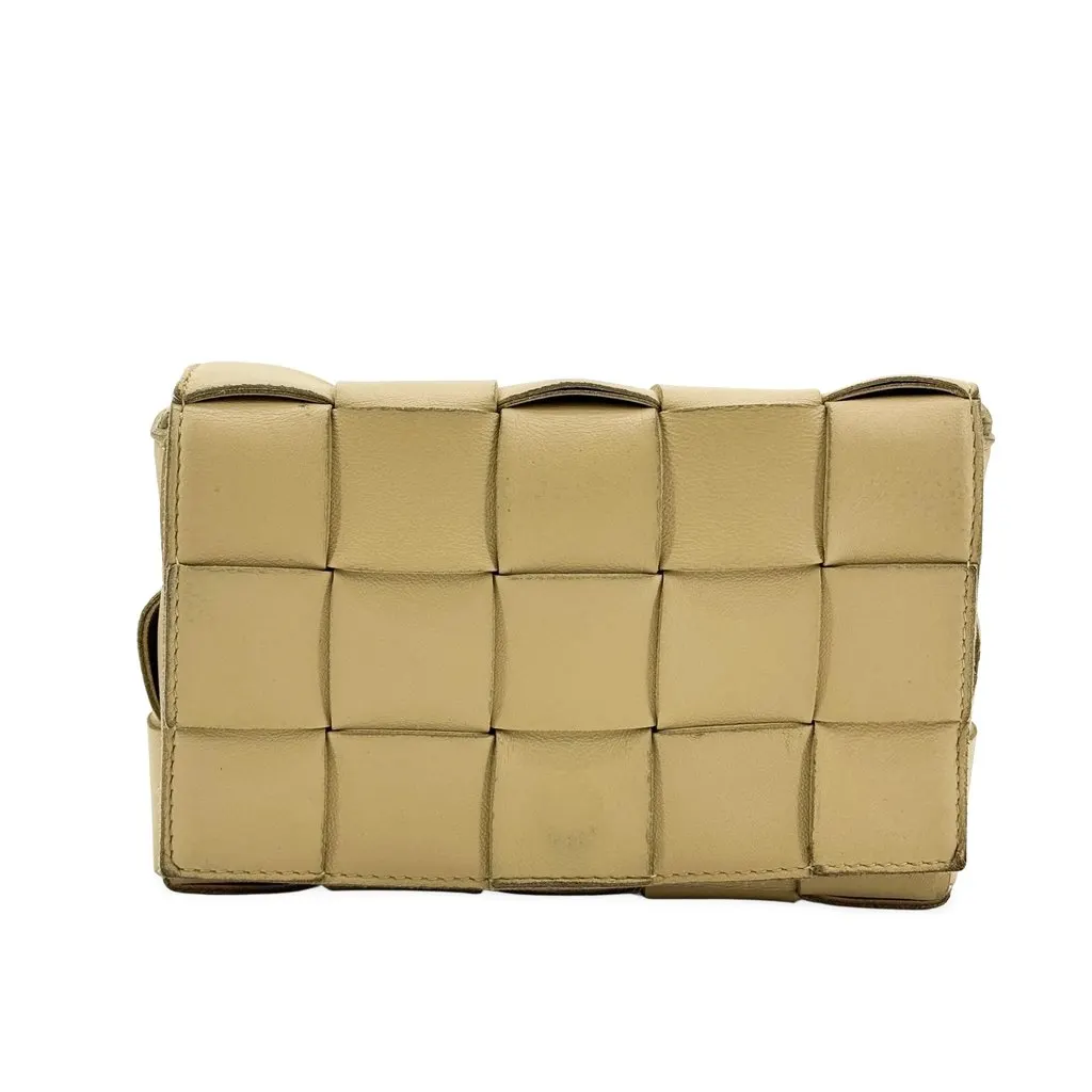 Bottega Veneta Cassette Card Case on Strap Beige Beige Leather Fair - Front View