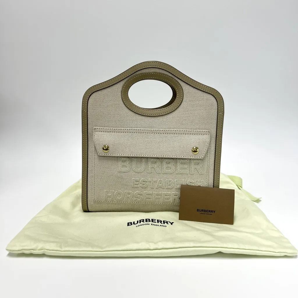 Burberry Horseferry Mini Pocket Tote Bag 2-Way Beige Canvas Good - Back View