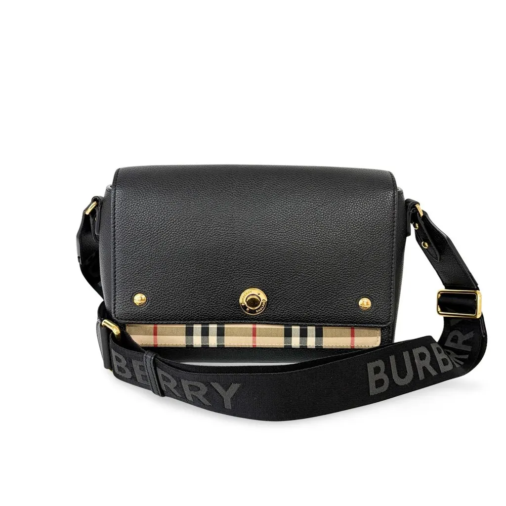Burberry Grainy Leather and Vintage Check Notebook Bag Black Beige Leather Good - Front View