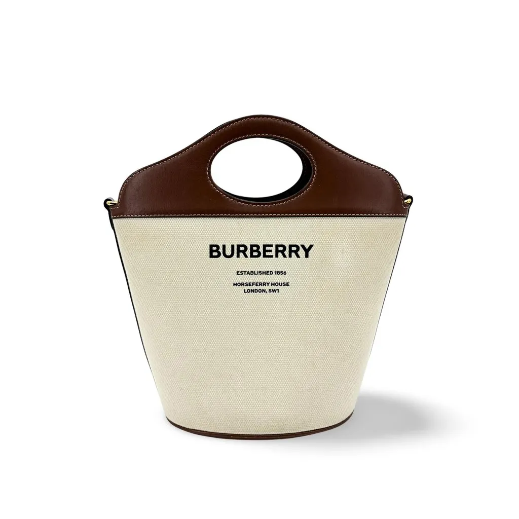 Burberry Small Canvas Leather Horseferry Print Pocket Bucket Bag Tan Natural Beige Canvas Very good - Front View