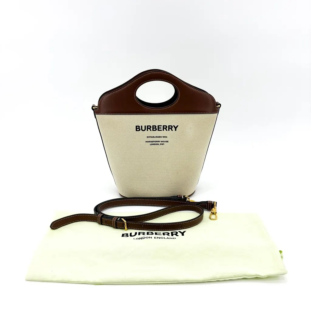 Burberry Small Canvas Leather Horseferry Print Pocket Bucket Bag Tan Natural Beige Canvas Very good - Back View