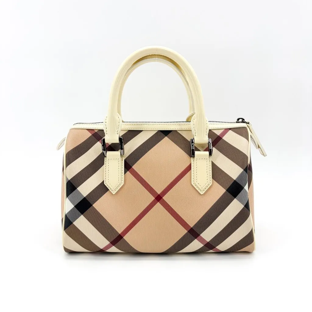 Burberry Nova Check Patent Trim Boston Bag Cream Beige Canvas Good - Back View