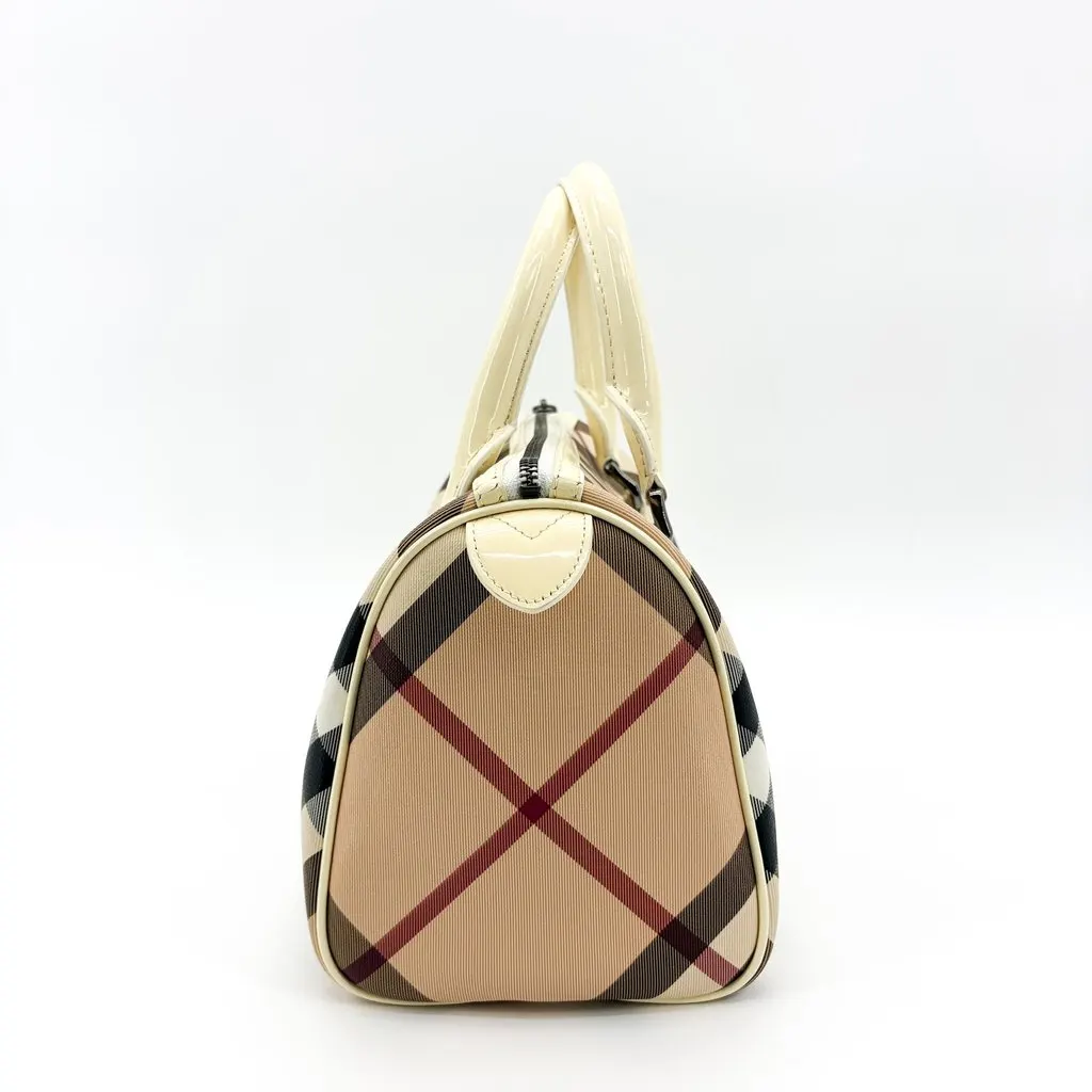 Burberry Nova Check Patent Trim Boston Bag Cream Beige Canvas Good - Inside View