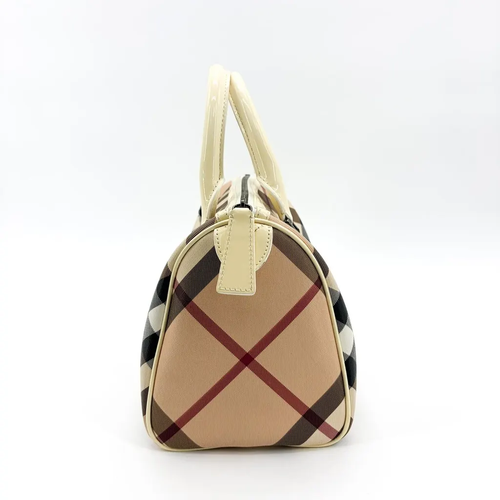 Burberry Nova Check Patent Trim Boston Bag Cream Beige Canvas Good - Model View