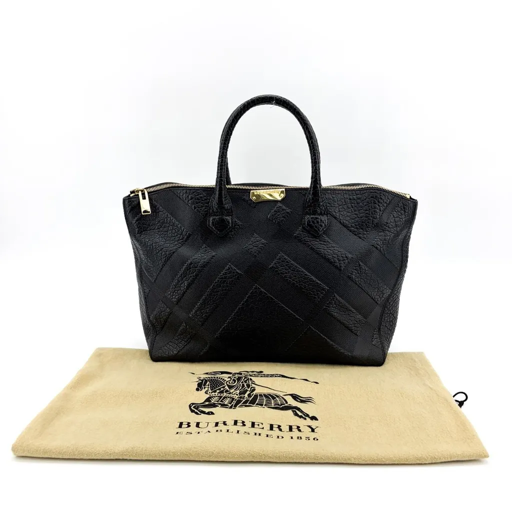 Burberry Check Embossed Leather Orchard Bag Black Black Leather Very good - Back View