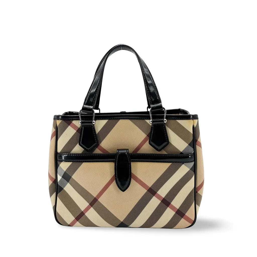 Burberry Nova Check Canvas and Black Patent Leather Small Tote Bag Beige Canvas Good - Front View