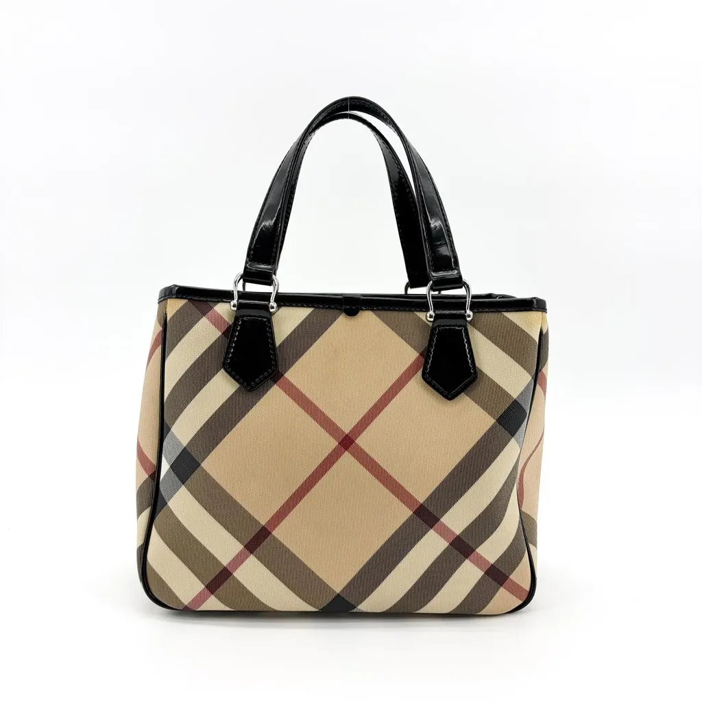 Burberry Nova Check Canvas and Black Patent Leather Small Tote Bag Beige Canvas Good - Back View