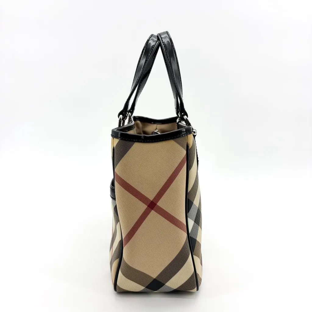 Burberry Nova Check Canvas and Black Patent Leather Small Tote Bag Beige Canvas Good - Inside View
