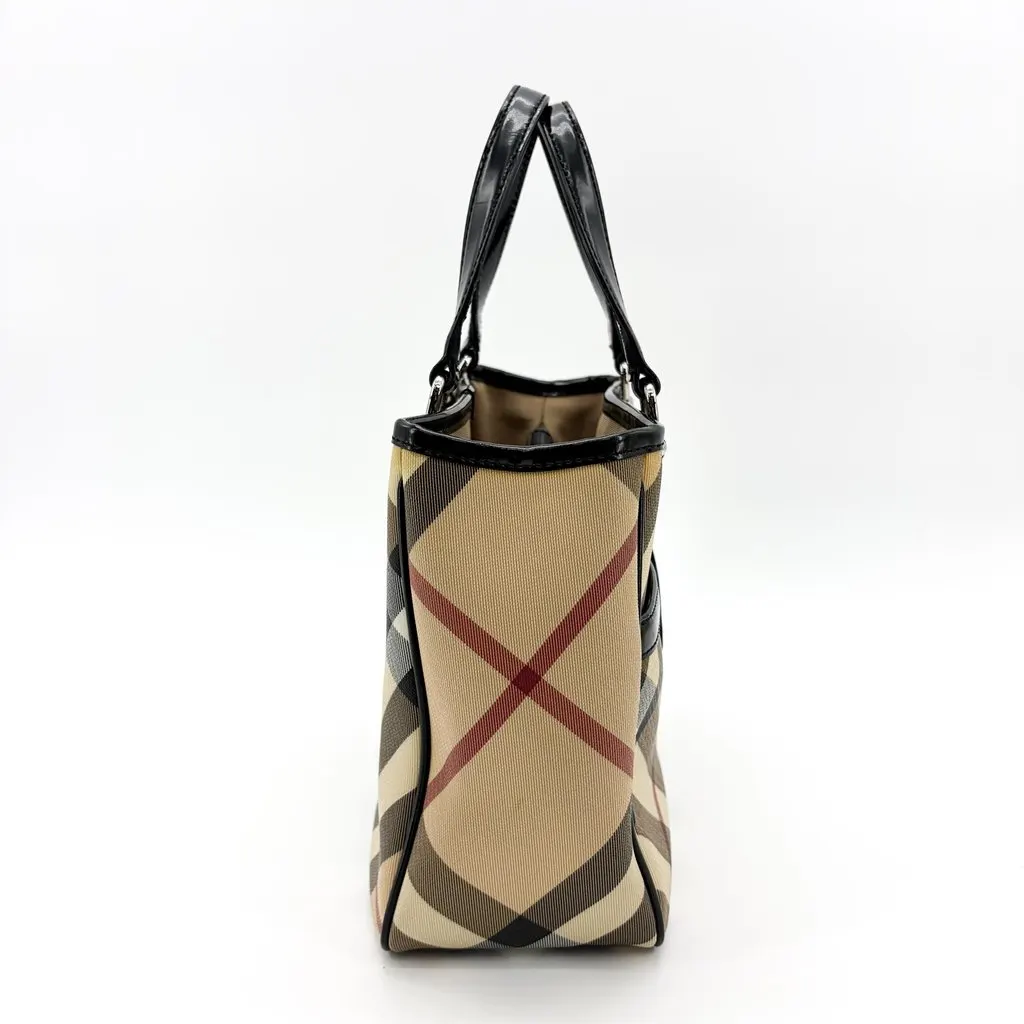 Burberry Nova Check Canvas and Black Patent Leather Small Tote Bag Beige Canvas Good - Model View