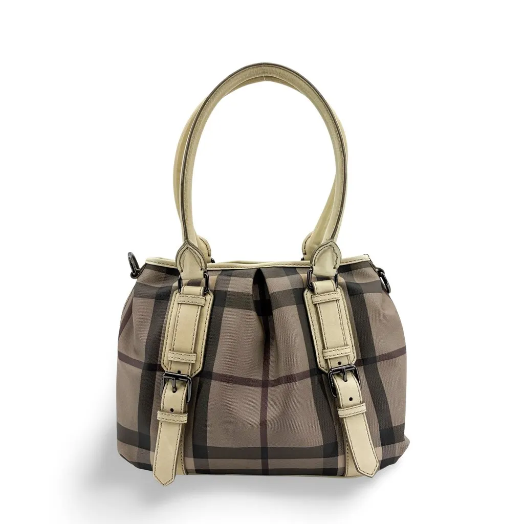 Burberry Nova Check Small Manner Tote Bag Beige Beige Canvas Good - Front View