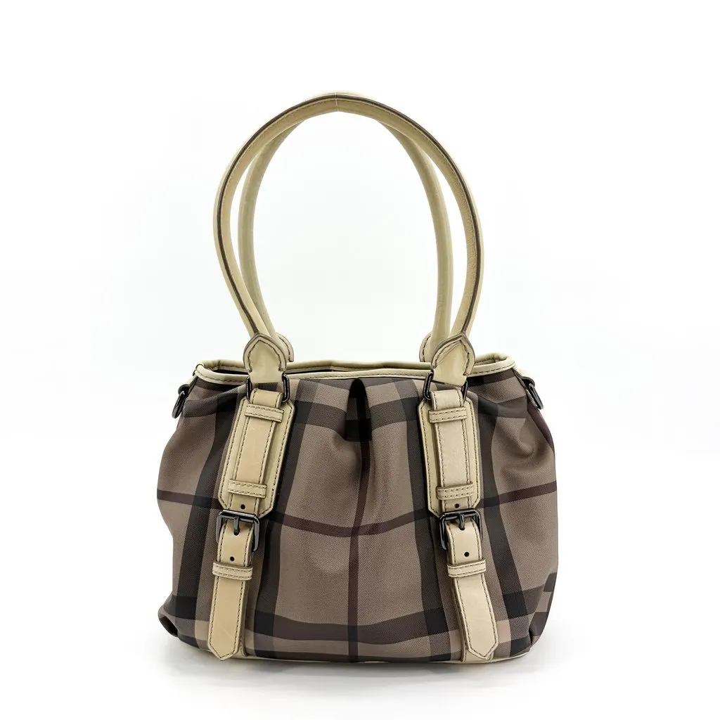 Burberry Nova Check Small Manner Tote Bag Beige Beige Canvas Good - Back View