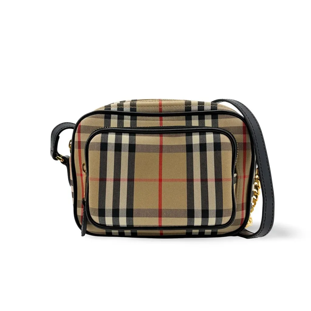 Burberry Vintage Check Leather Camera Bag Archive Beige Beige Canvas Good - Front View