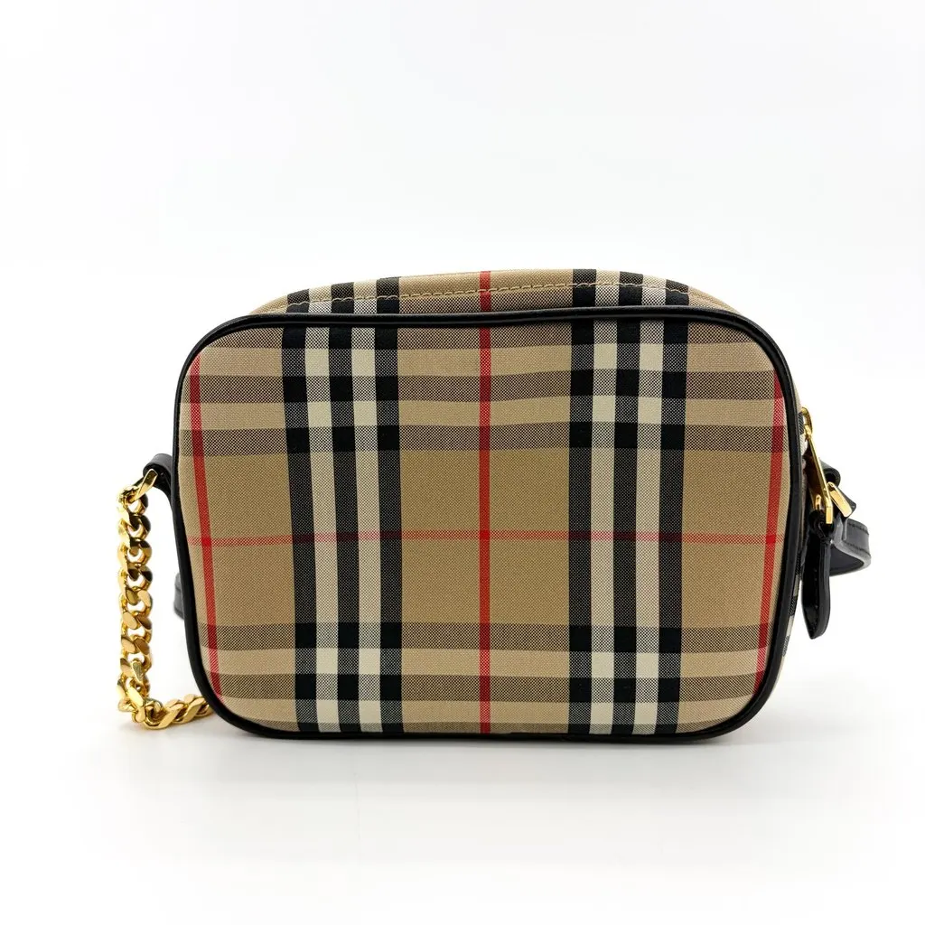 Burberry Vintage Check Leather Camera Bag Archive Beige Beige Canvas Good - Back View