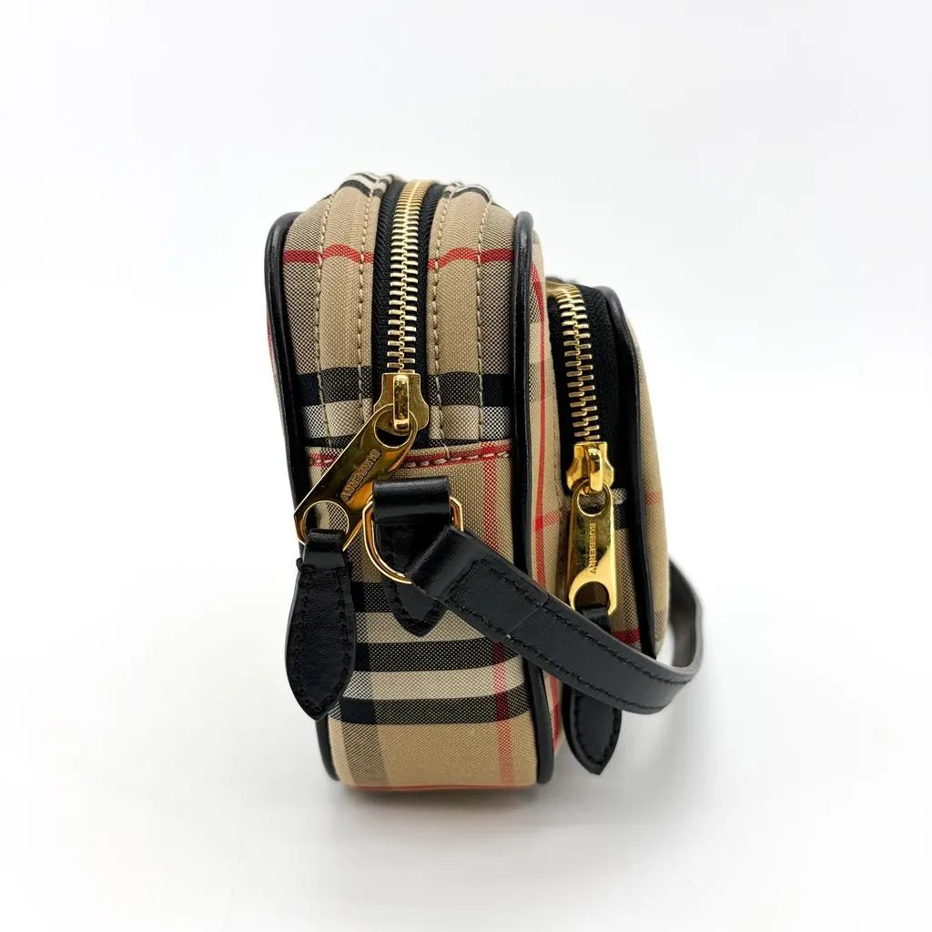 Burberry Vintage Check Leather Camera Bag Archive Beige Beige Canvas Good - Model View