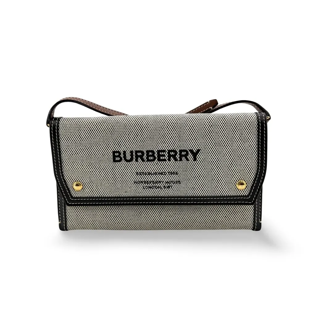 Burberry Small Horseferry Print Canvas Notebook Shoulder Bag Black Beige Canvas Good - Front View