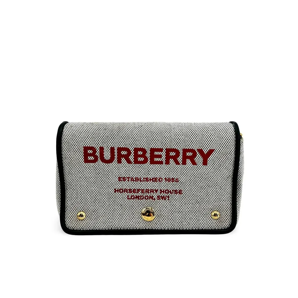 Burberry Horseferry Print Canvas Note Shoulder Bag Black White Black Canvas Good - Front View