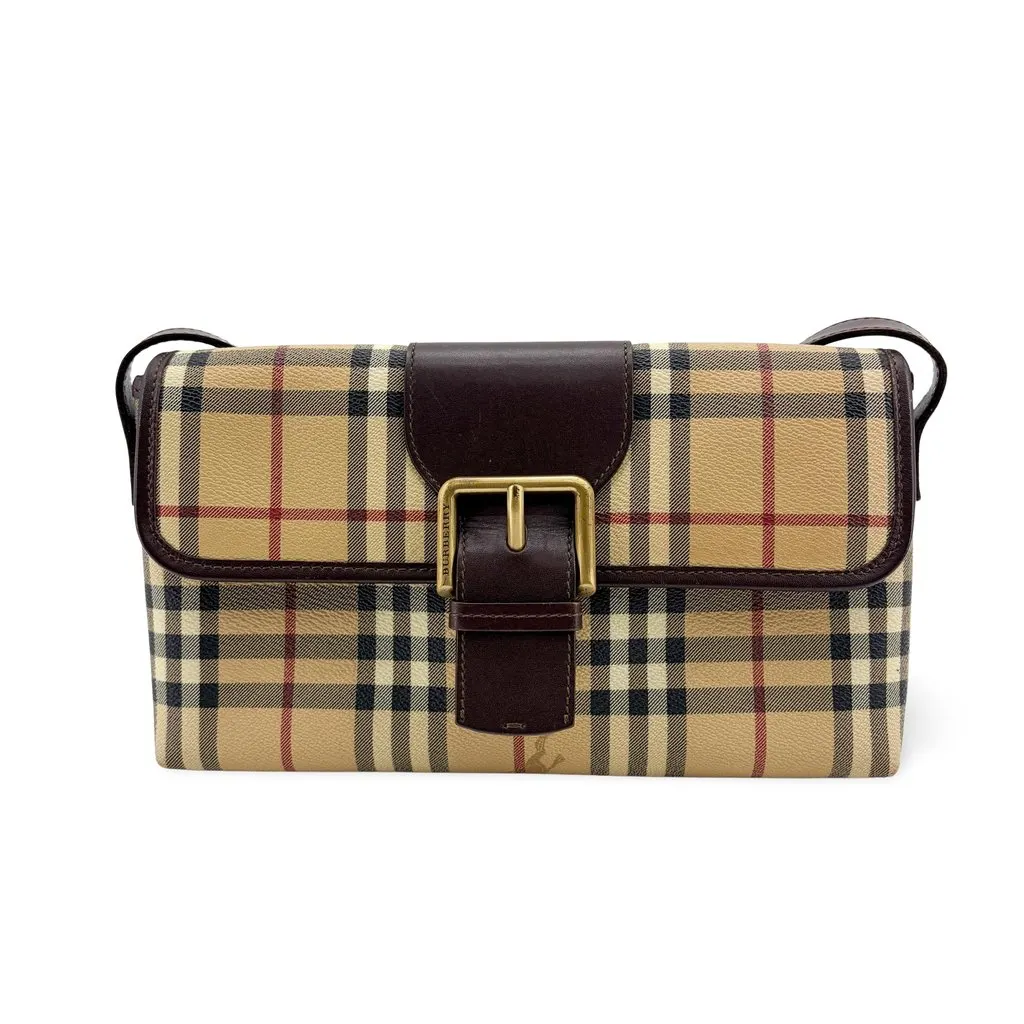Burberry Nova Check Canvas Leather Buckle Shoulder Bag Beige Brown Beige Canvas Good - Front View