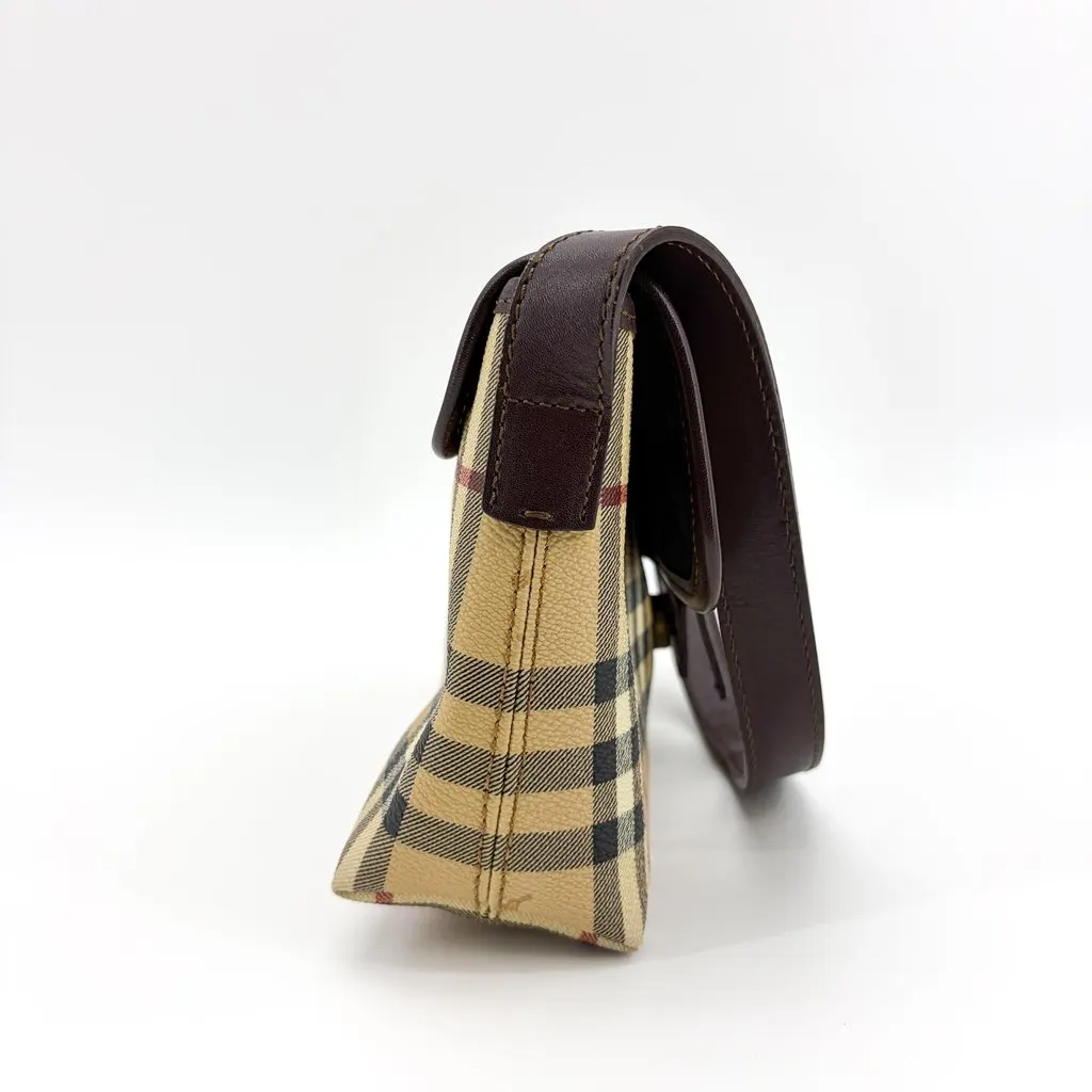 Burberry Nova Check Canvas Leather Buckle Shoulder Bag Beige Brown Beige Canvas Good - Model View