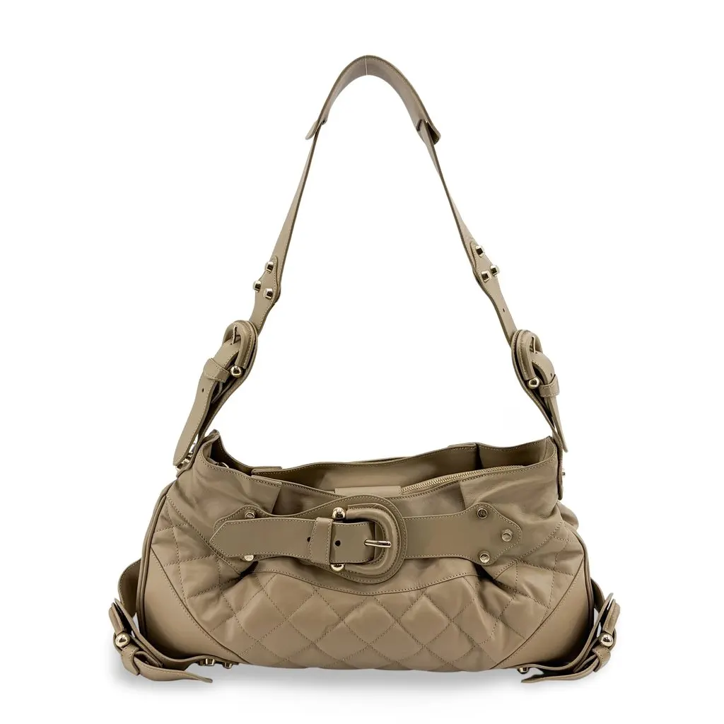 Burberry Quilted Lambskin Leather Buckle Hobo Bag Taupe Beige Leather Good - Front View