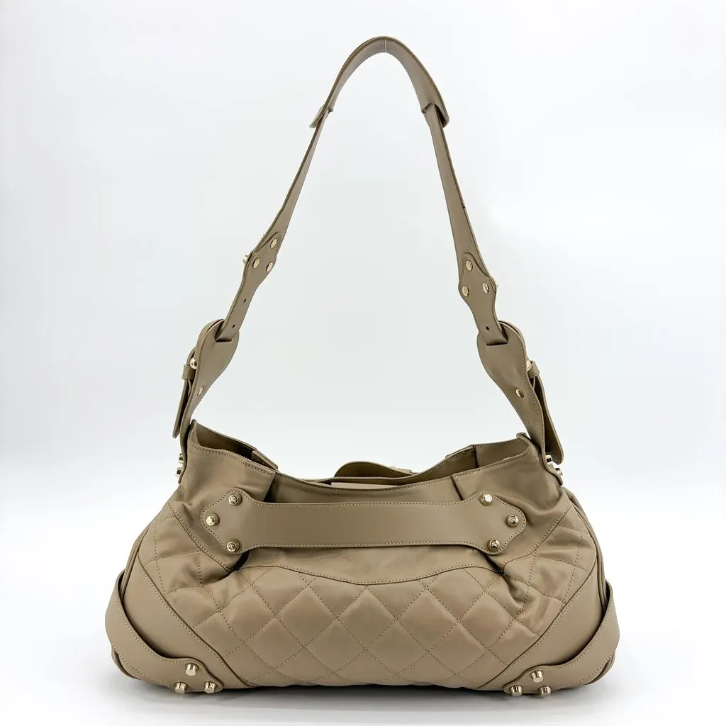 Burberry Quilted Lambskin Leather Buckle Hobo Bag Taupe Beige Leather Good - Back View