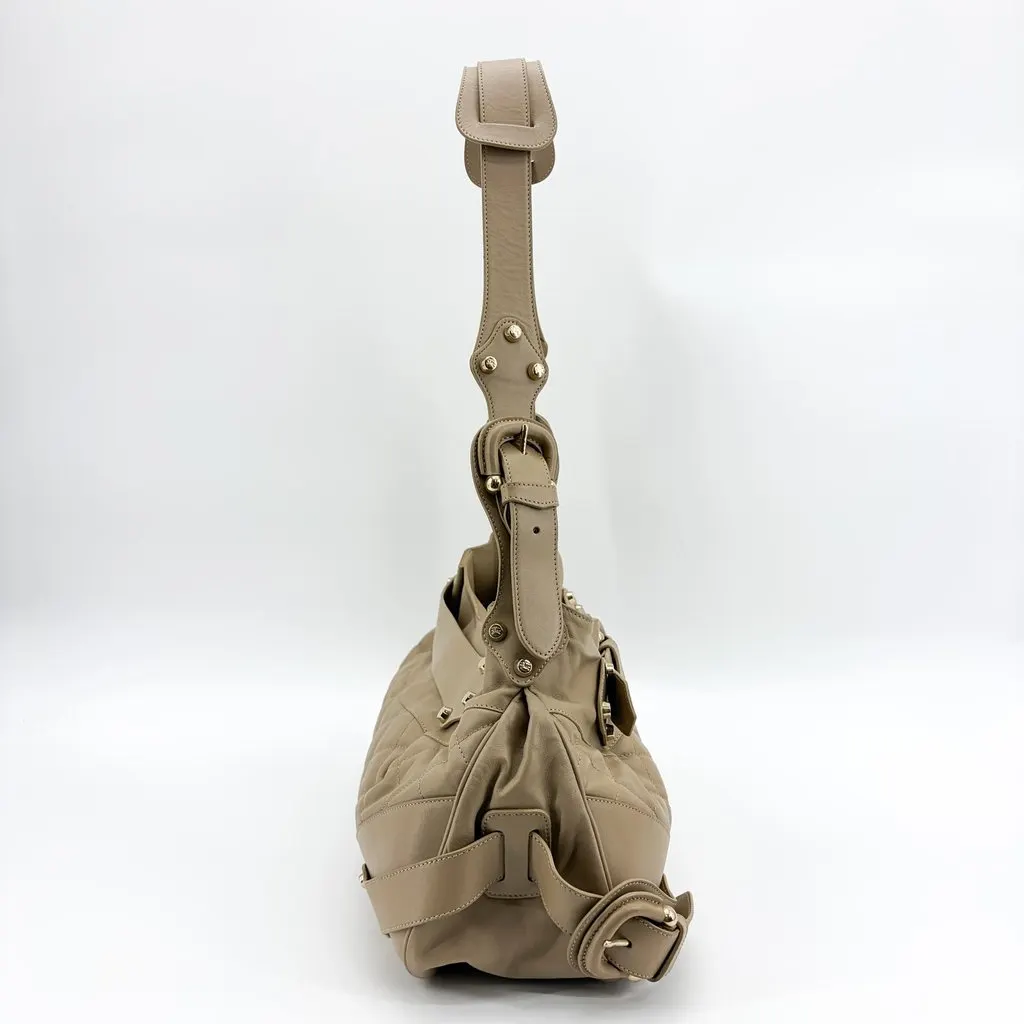 Burberry Quilted Lambskin Leather Buckle Hobo Bag Taupe Beige Leather Good - Model View