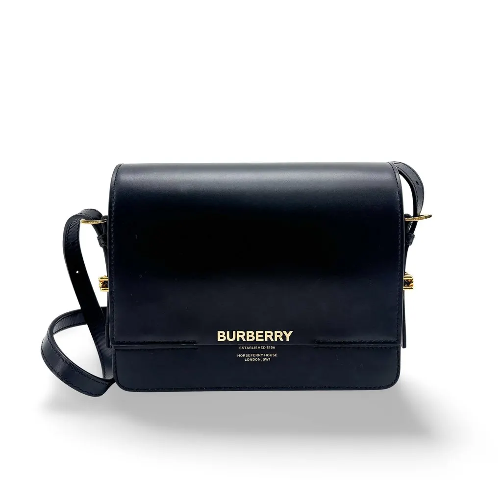 Burberry Grace Leather Shoulder Bag Black Black Leather Good - Front View