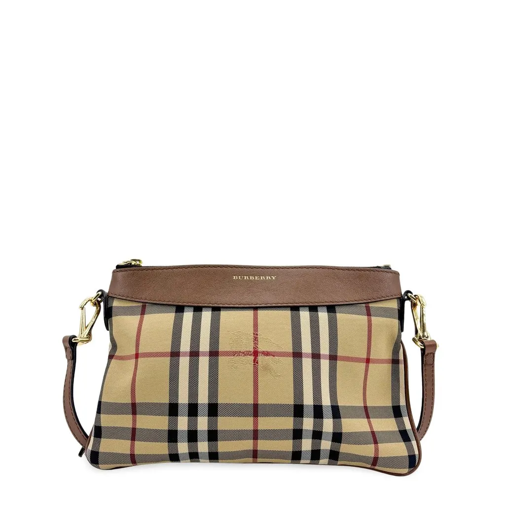 Burberry Peyton Haymarket Check Crossbody Bag Brown Beige Canvas Good - Front View