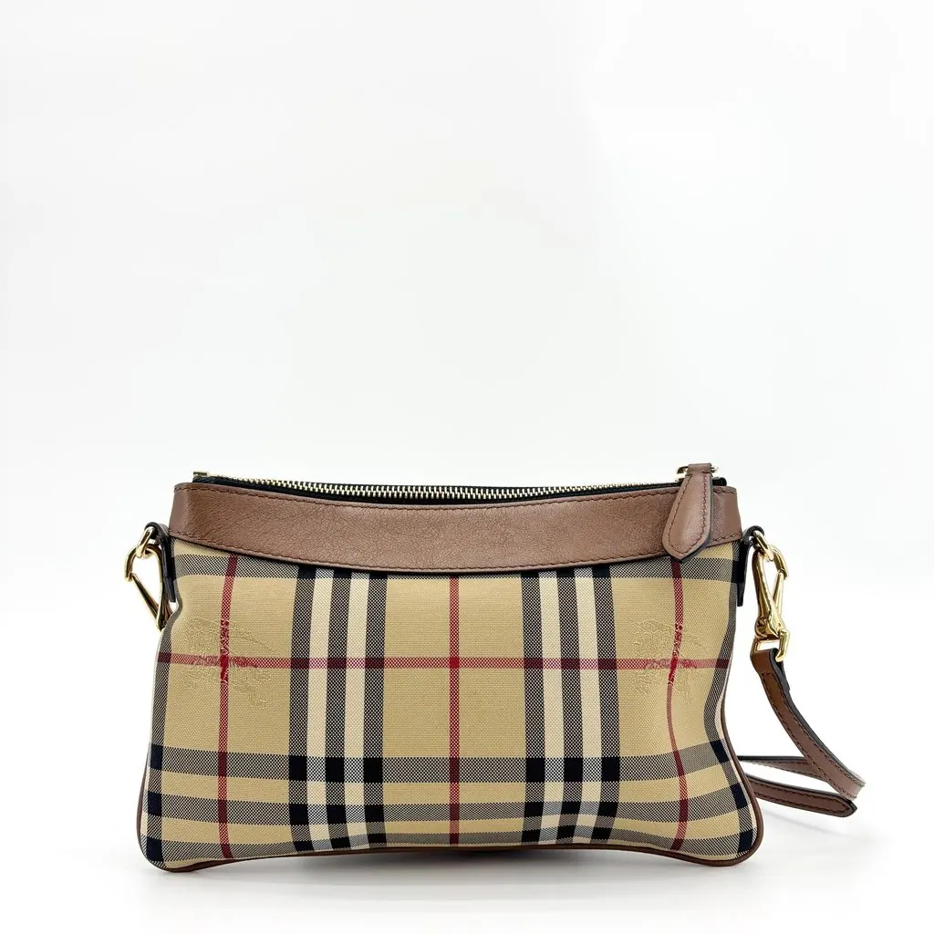 Burberry Peyton Haymarket Check Crossbody Bag Brown Beige Canvas Good - Inside View