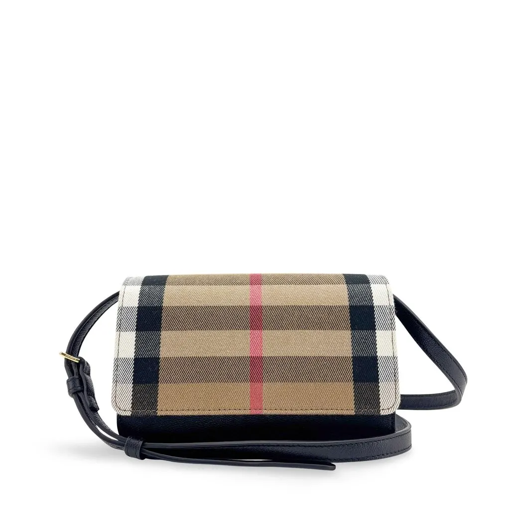 Burberry Vintage Check and Leather Hampshire Crossbody Bag Black Beige Leather Good - Front View