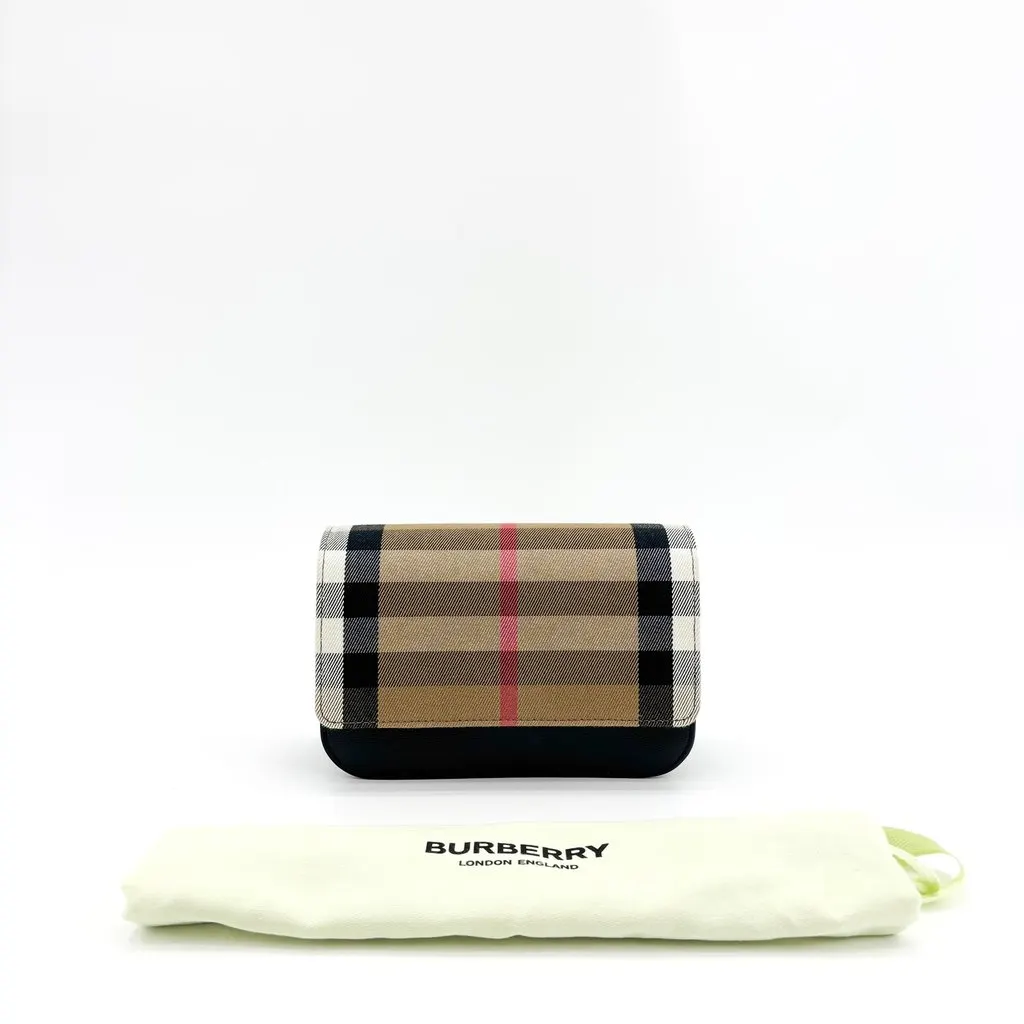 Burberry Vintage Check and Leather Hampshire Crossbody Bag Black Beige Leather Good - Back View