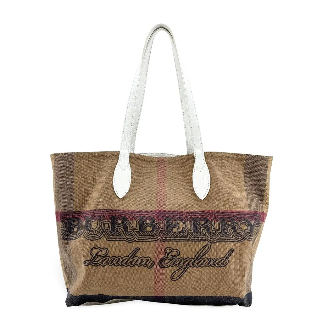 Burberry Medium Vintage Check and Leather Tote Bag White Beige Canvas Good - Front View