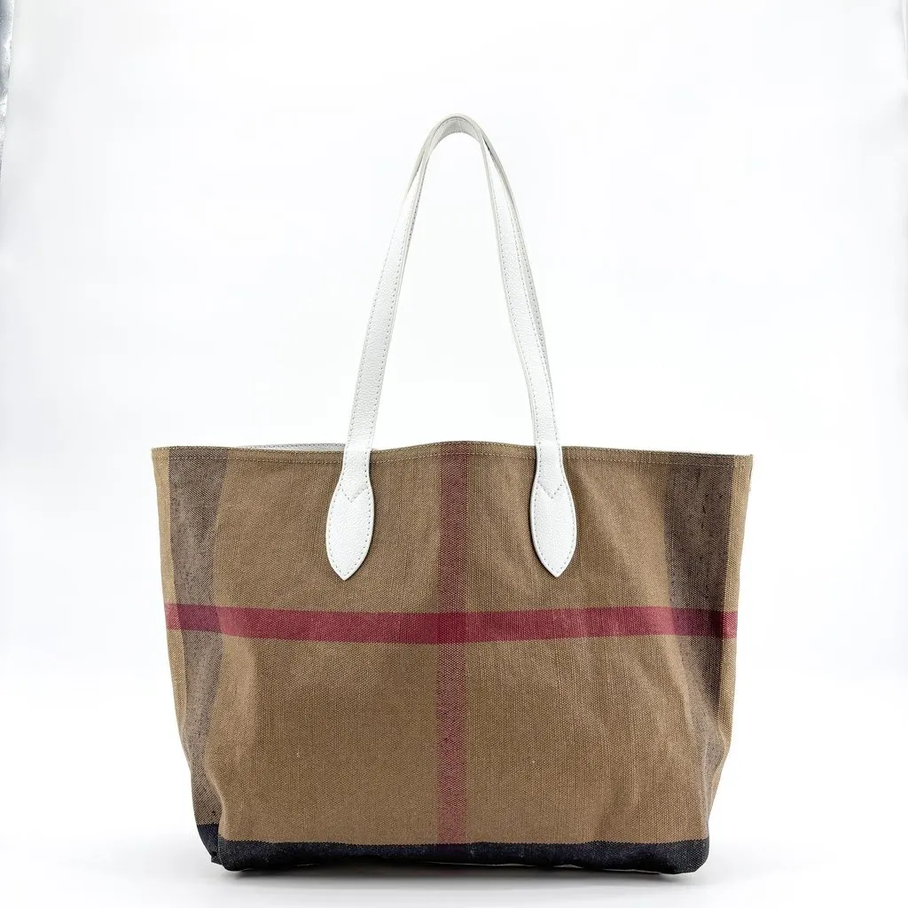 Burberry Medium Vintage Check and Leather Tote Bag White Beige Canvas Good - Back View