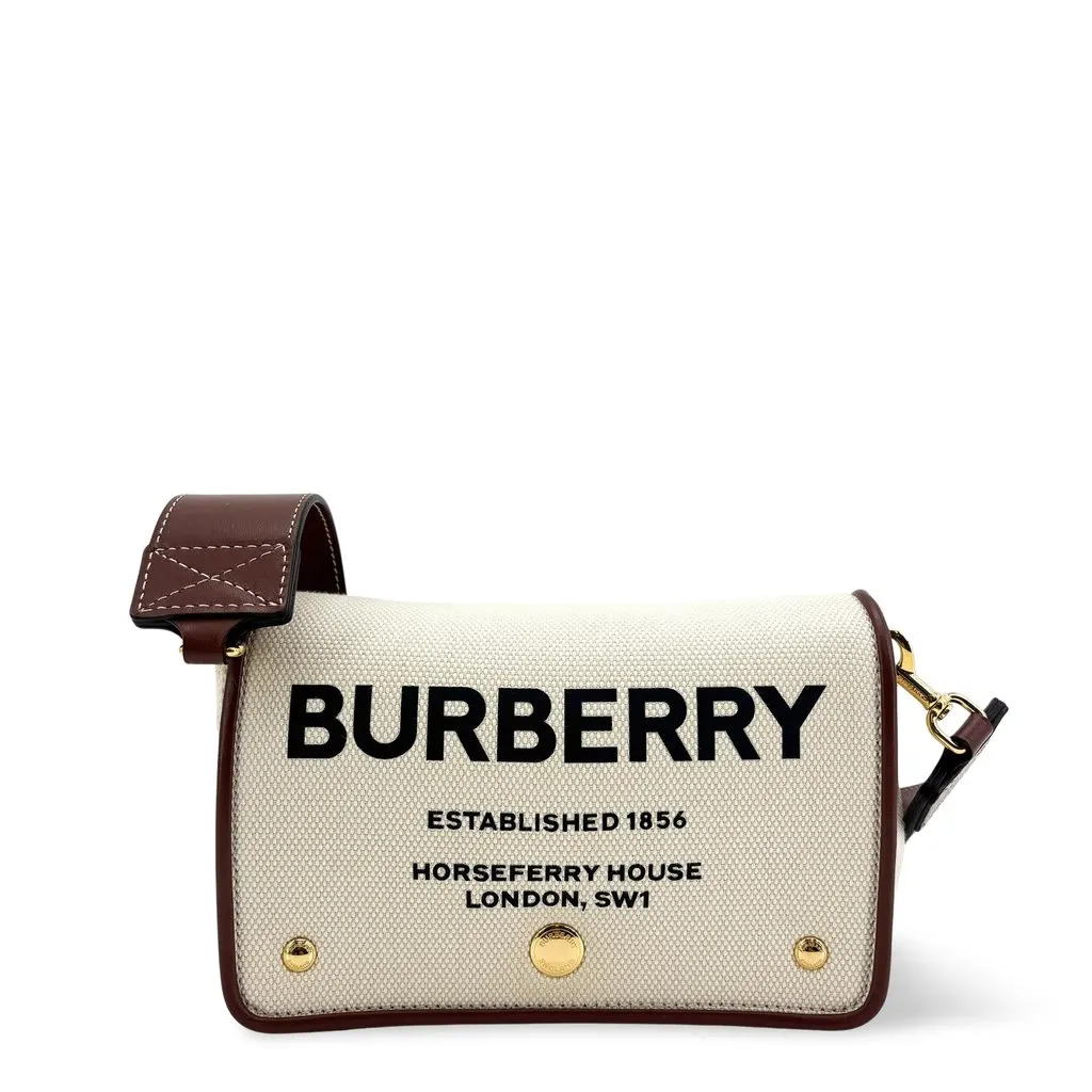 Burberry Mini Note Bag in Horseferry Print Canvas and Leather Natural Malt Brown Brown Canvas Good - Front View