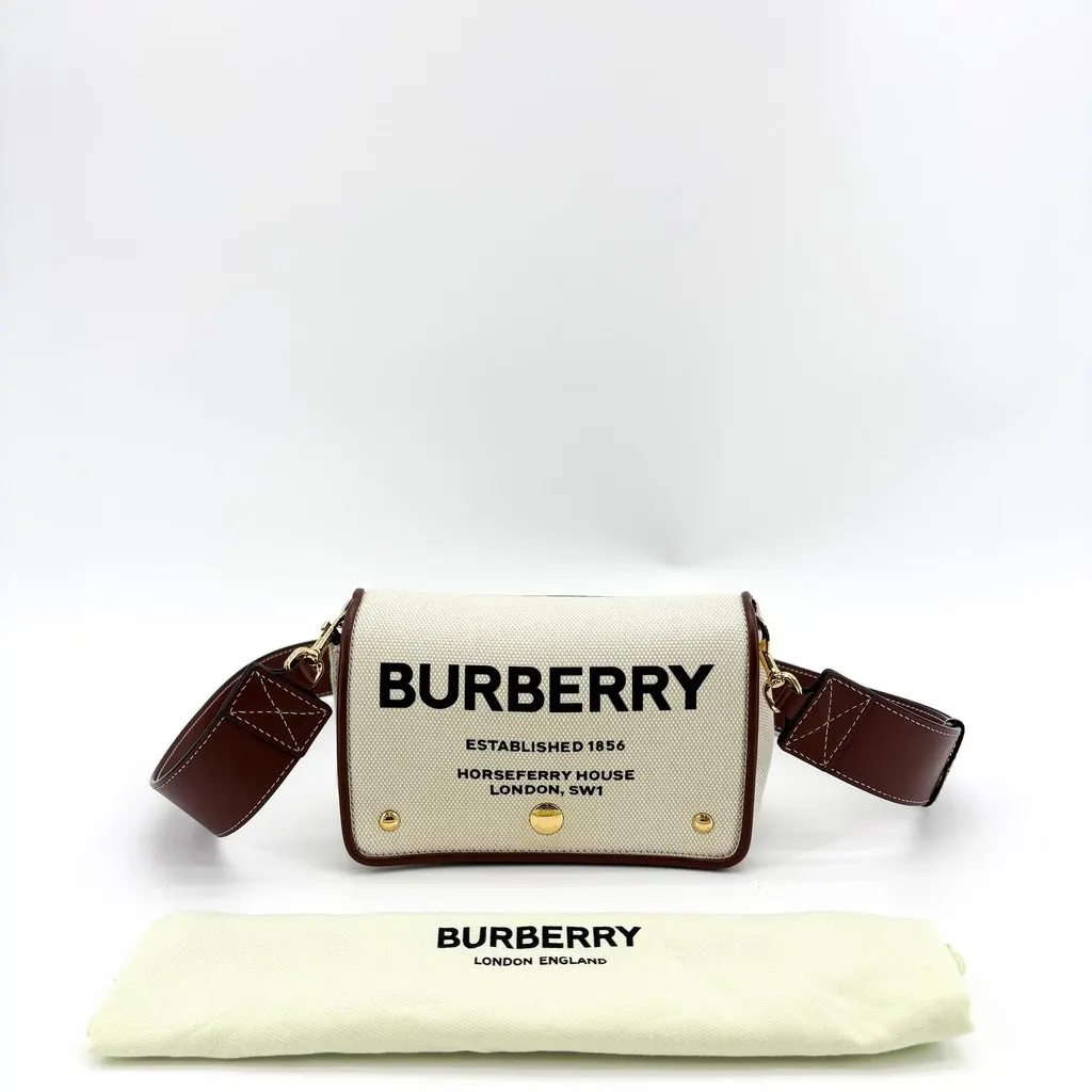 Burberry Mini Note Bag in Horseferry Print Canvas and Leather Natural Malt Brown Brown Canvas Good - Back View