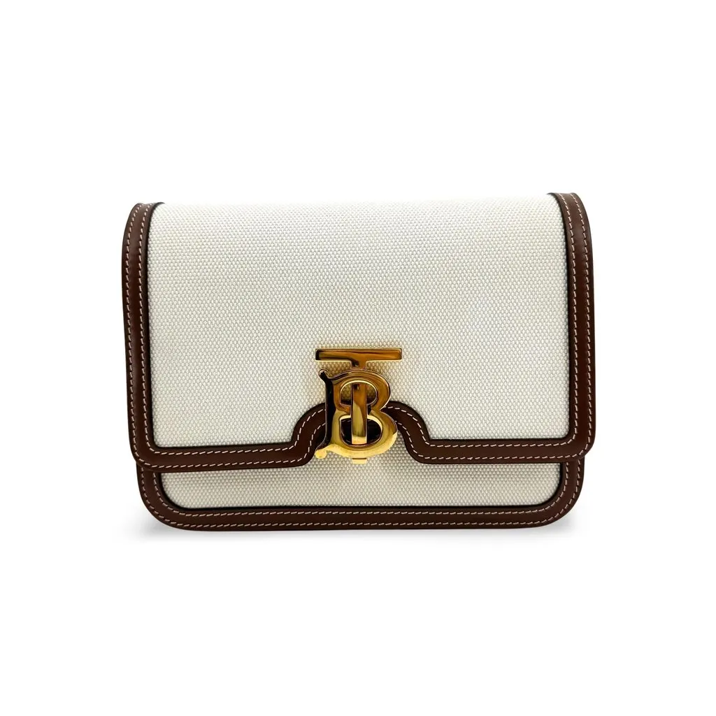 Burberry Mini Canvas and Leather TB Bag Natural Malt Brown Brown Canvas Very good - Front View