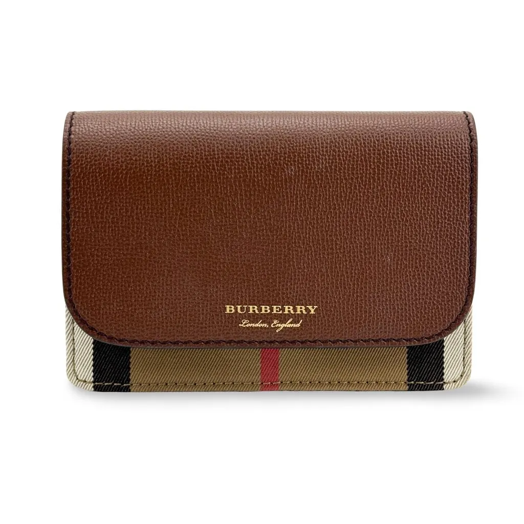 Burberry Vintage Check and Leather Foldover Card Case Brown Beige Leather Good - Front View