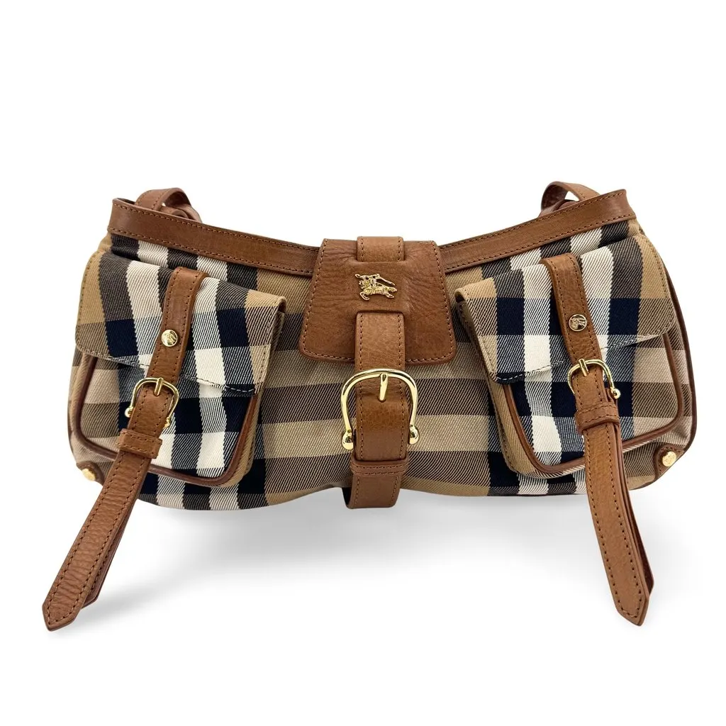 Burberry Vintage Nova Check Multi Pocket Shoulder Bag Brown Beige Canvas Very good - Front View