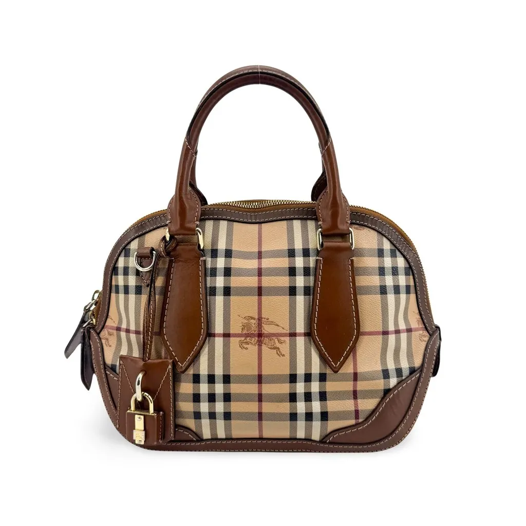 Burberry Haymarket Check Leather Mini Dome Bag Brown Beige Canvas Good - Front View