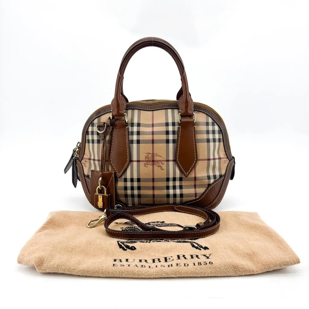 Burberry Haymarket Check Leather Mini Dome Bag Brown Beige Canvas Good - Back View