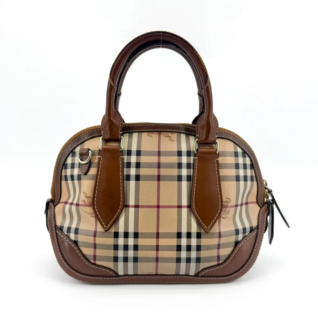 Burberry Haymarket Check Leather Mini Dome Bag Brown Beige Canvas Good - Inside View