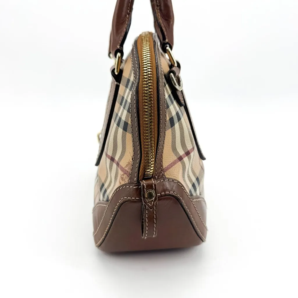 Burberry Haymarket Check Leather Mini Dome Bag Brown Beige Canvas Good - Model View