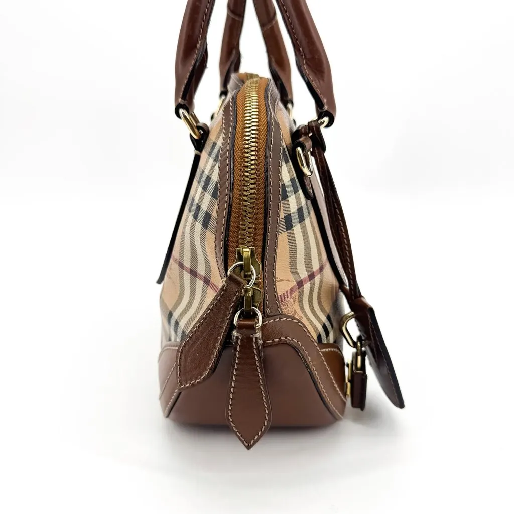 Burberry Haymarket Check Leather Mini Dome Bag Brown Beige Canvas Good - Box View