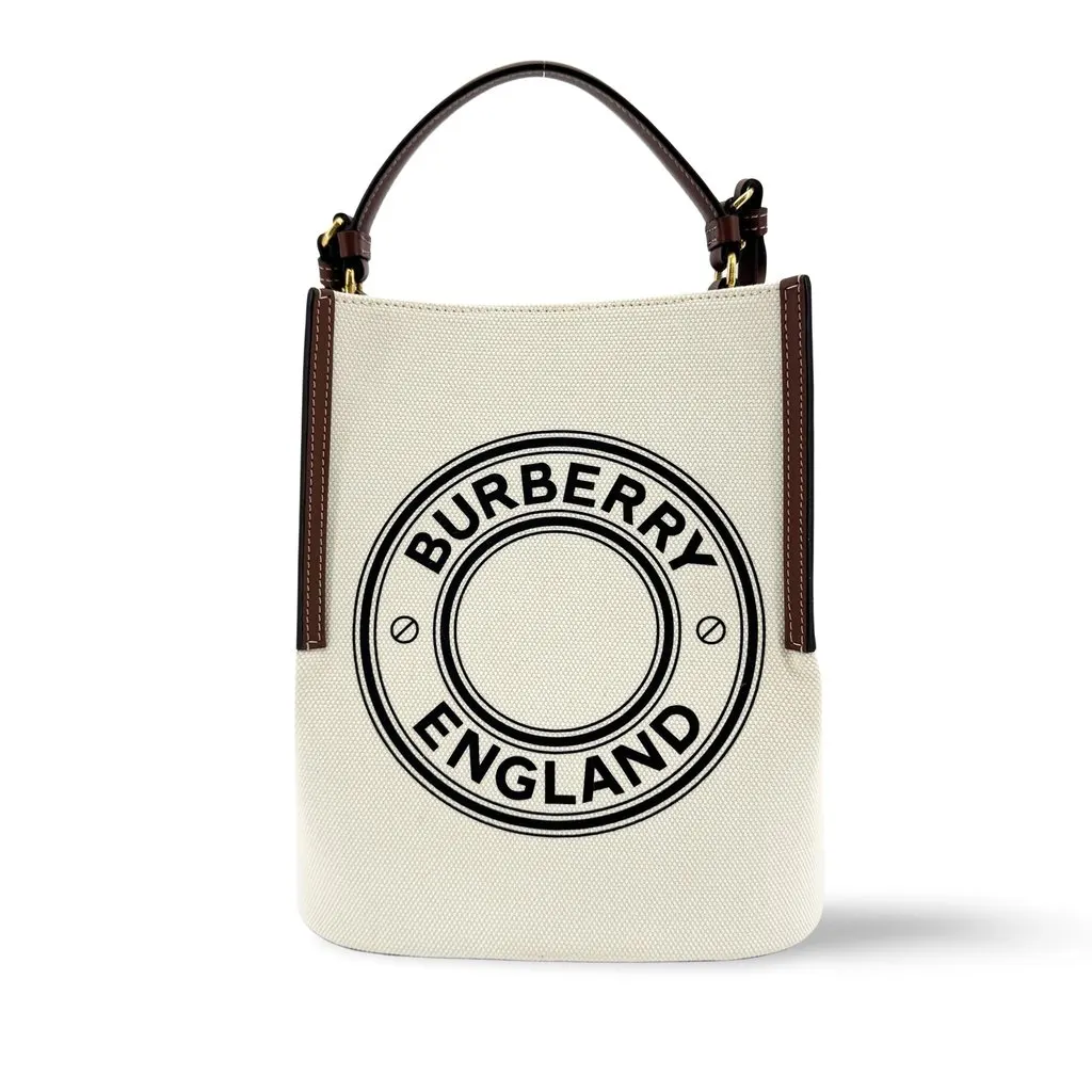 Burberry Small Logo Graphic Canvas Peggy Bucket Bag Natural Tan Brown Cotton Very good - Front View